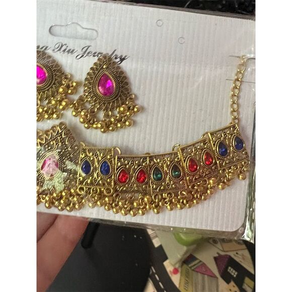 Traditional Indian Jewelry Set Necklace & Earrings Multicolored Stones - Picture 8 of 8